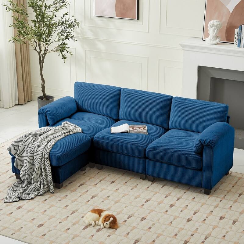 Modern Couduroy Overized Modular Sectional Sofa Couch with Ottoman for Living Room - Blue/L-Shaped Sofa - Reversible