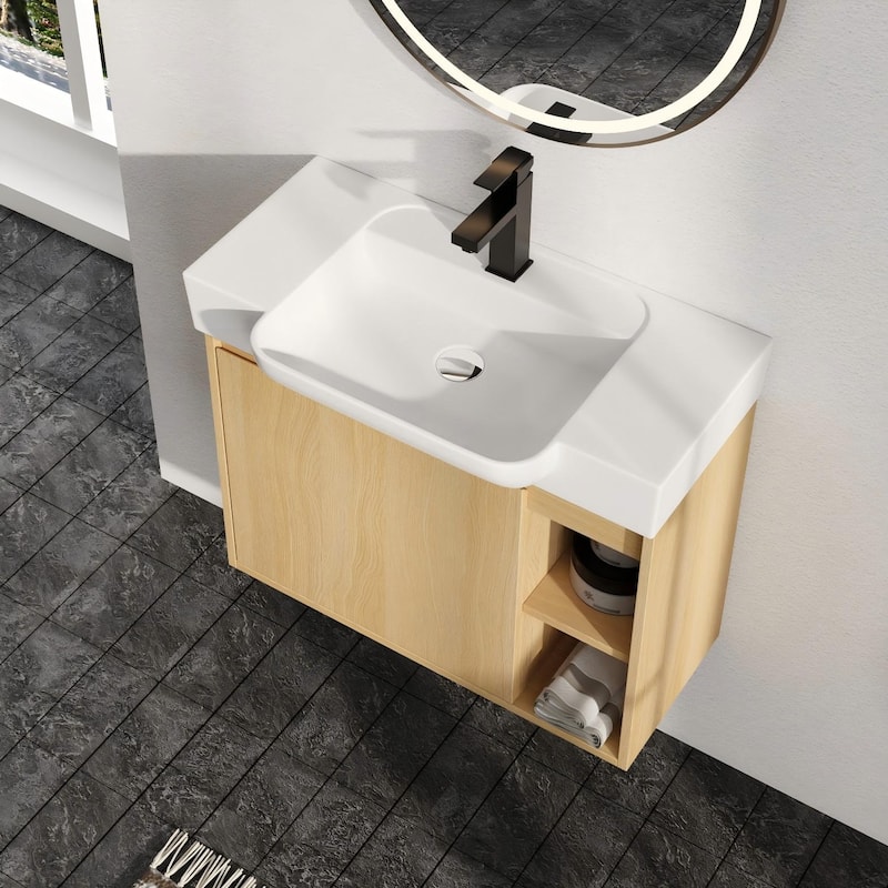 Malwee 24"/28" Floating Bathroom Vanity,Wall Mounted Bathroom Vanity with Ceramic Sink and Soft Close Door - Beige - 28"×15"