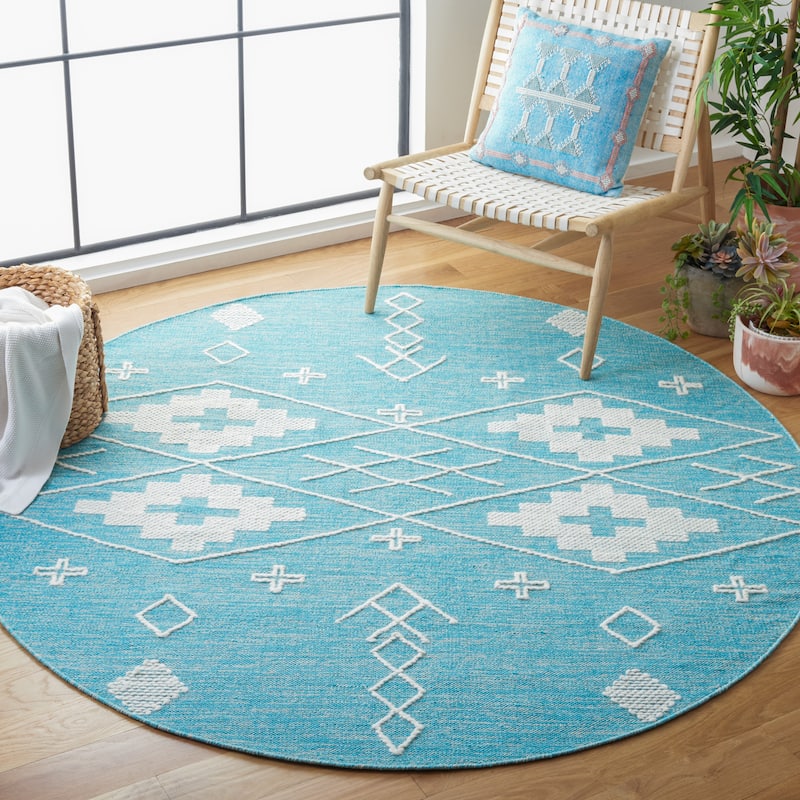 SAFAVIEH Handmade Kilim Greet Cotton Rug - 6' Round - Teal/Ivory