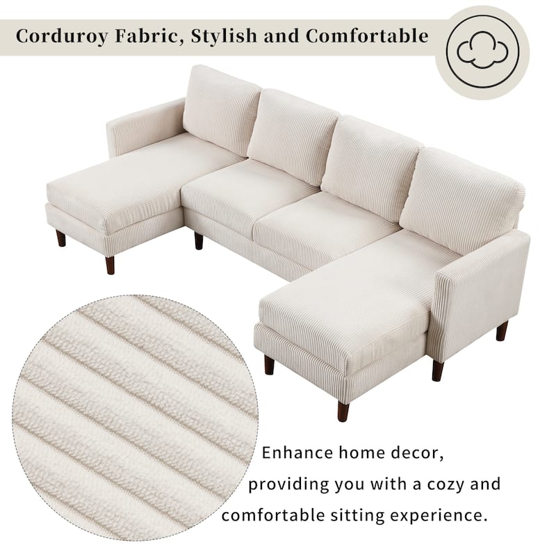 103" Polyester U-Shaped Sectional Sofa with Sponge-Filled Cushions and Solid Wood Legs