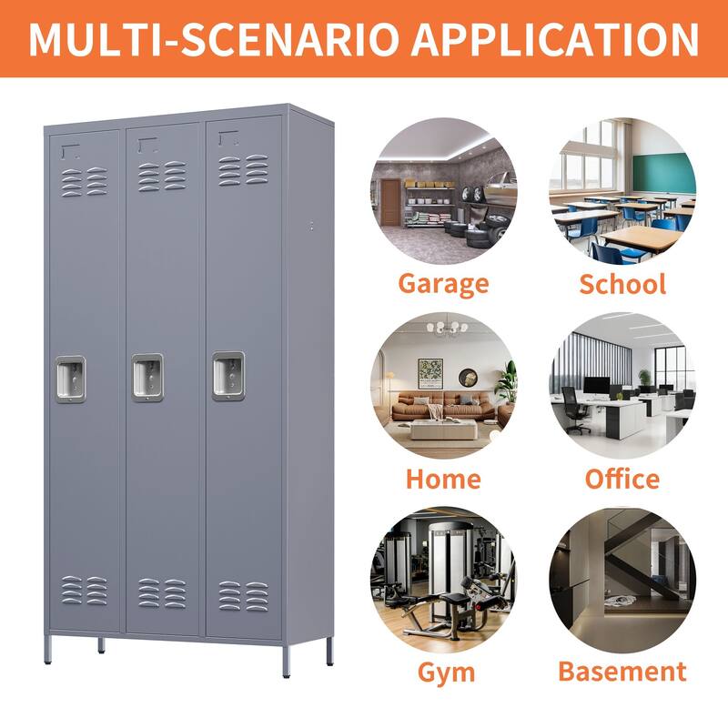3-Door 72 Inch Metal Storage Locker with Lock