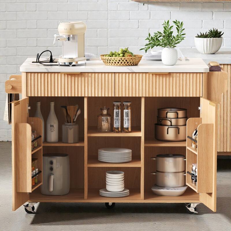 52" Fluted Kitchen Island with Drop Leaf, Power Outlet, Rolling Storage Cart with Adjustable Shelves, Drawers & Walnut Top