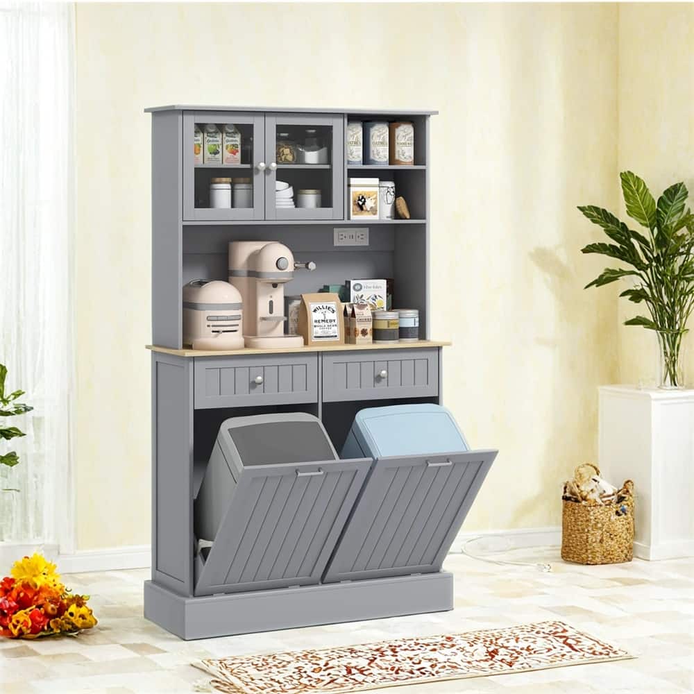 68" Kitchen Pantry Storage Cabinet w/Charging Station,Trash Cabinets