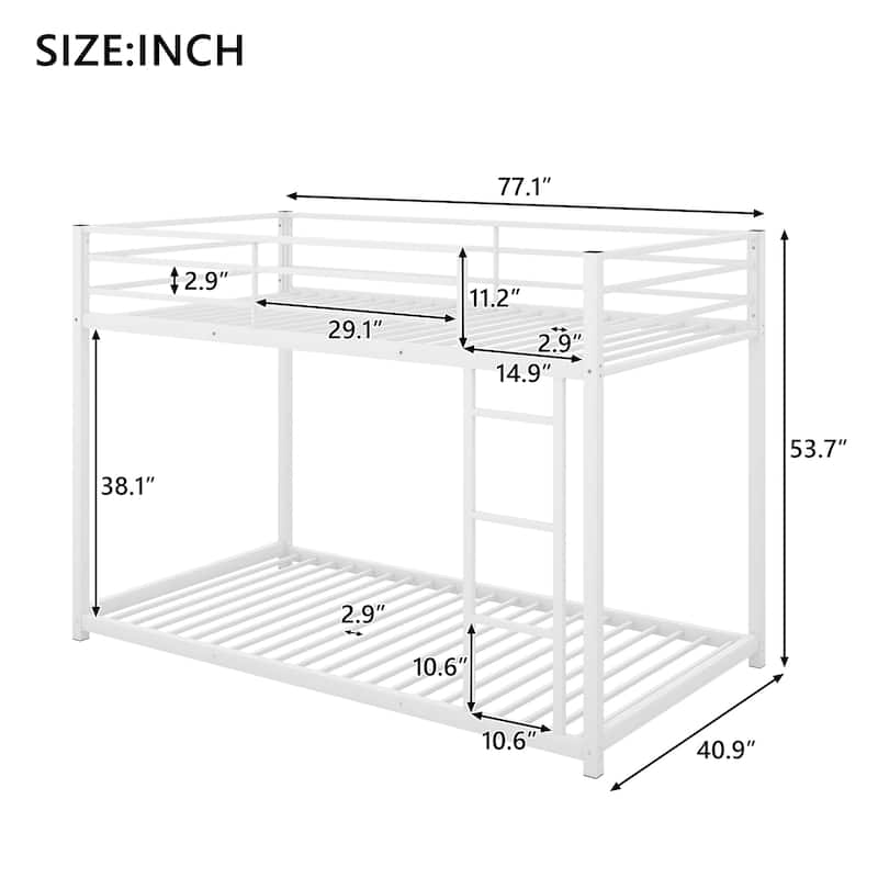 Twin over Twin Metal Bunk Bed, Low Bunk Bed with Ladder,White