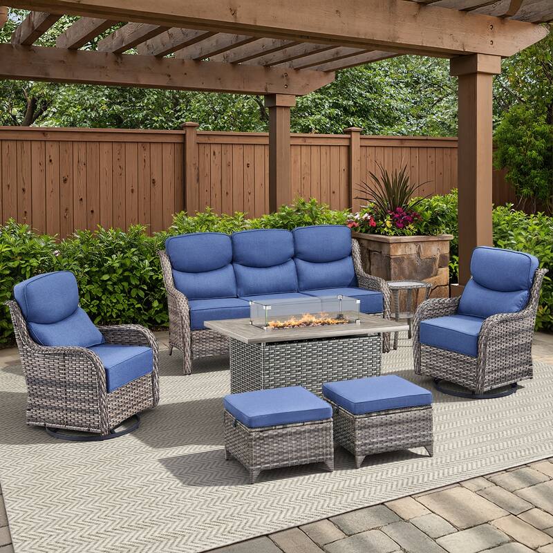 Meyreso 7-Piece Wicker Outdoor Patio Fire Pit Conversation Set with 6-Inch Thick Cushions