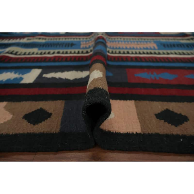 Hand Woven Oriental 100% Wool Carpet Southwestern Tribal Navy Blue & Blues Kilim Area Rug - 9' 11'' X 5' 3''