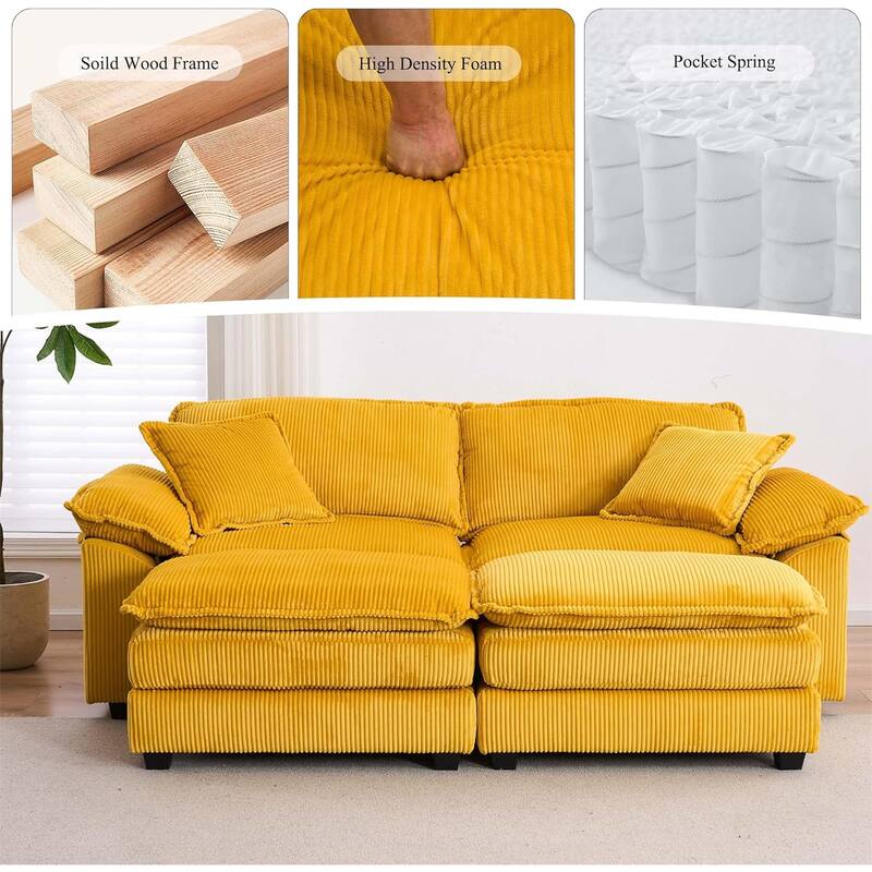 Modern 2-Seater Corduroy Sofa with 4 Support Pillows and 2 Ottomans