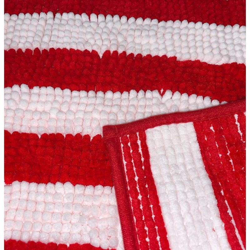 2 Piece Set Red Stripe Soft Cozy Plush Chenille Bath Mat Bathroom Rug