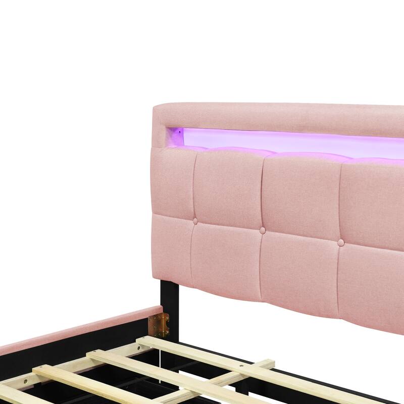 Queen Size LED Platform Bed with Trundle and drawer