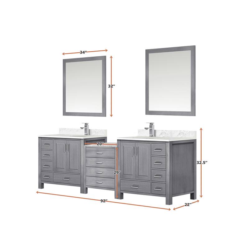 Coraline 92 in W x 22 in D Double Bath Vanity, Carrara Marble Top, and 34 in Mirrors