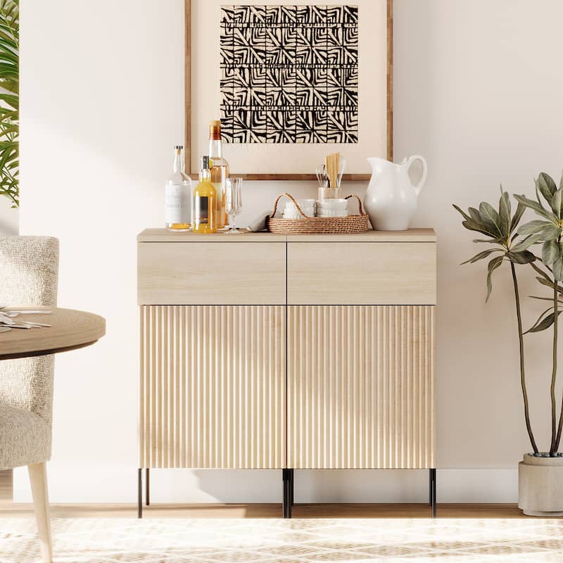 31.5" Wooden 2-Doors Sideboard With Charging Station, Modern Reeded Credenza Storage Cabinet - Beige