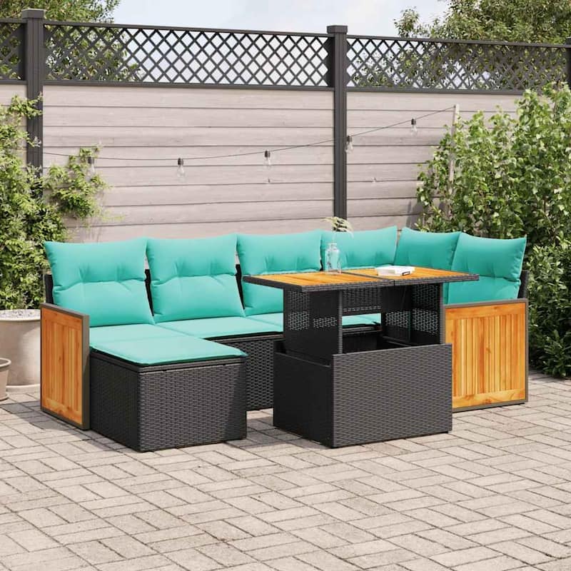 vidaXL Patio Sofa Set with Cushions Outdoor Furniture 7 Piece Poly Rattan - Black - 24.4 x 24.4 x 27.2