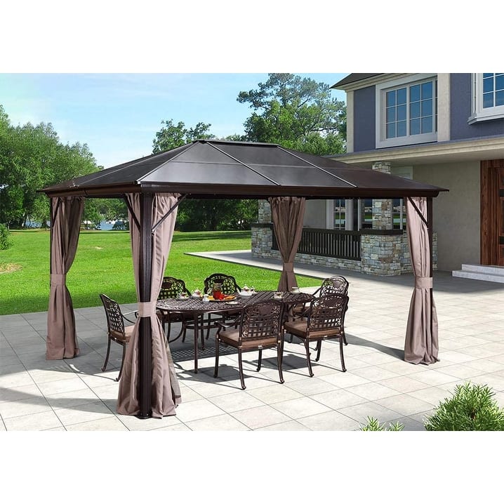 EROMMY 10'x12' Outdoor Hardtop Gazebo Canopy with Netting and Curtains
