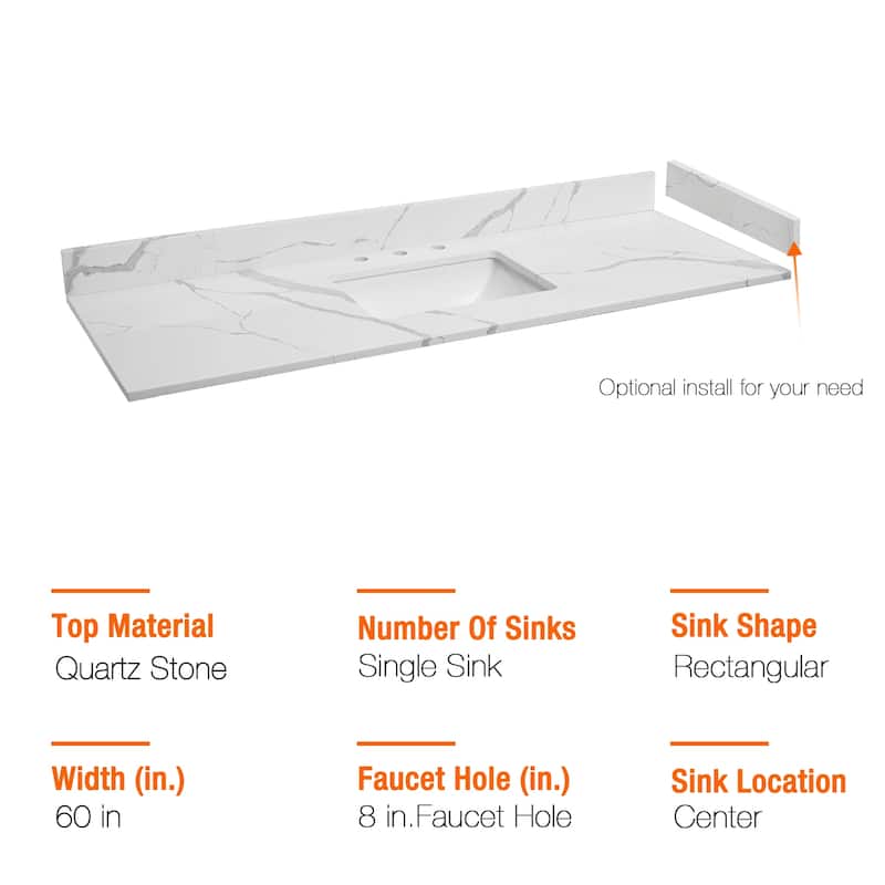 Bath Vanity Quartz Overhand Top with Rectangular Sink Backsplash Sidesplash Included in Calacatta Sevella