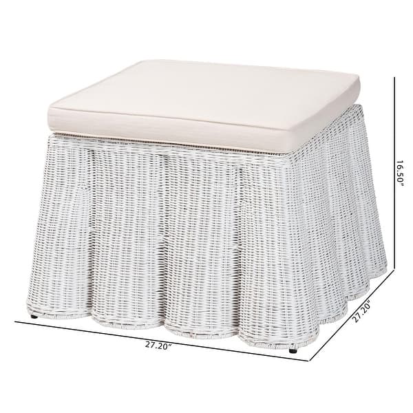 dimension image slide 3 of 4, Palm Scallop Natural Rattan Ottoman with Cushion – Handwoven Wicker Accent Bench or Footrest for Living Room or Sunroom, Square
