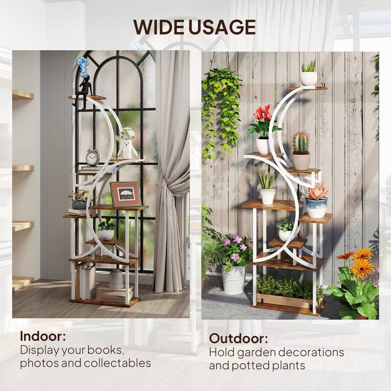 Eight-Tier Corner Plant Stand with S-Shaped Steel Frame and Fir Wood Shelves for Home Decor - 24.4" W x 10.2" D x 61.8" H