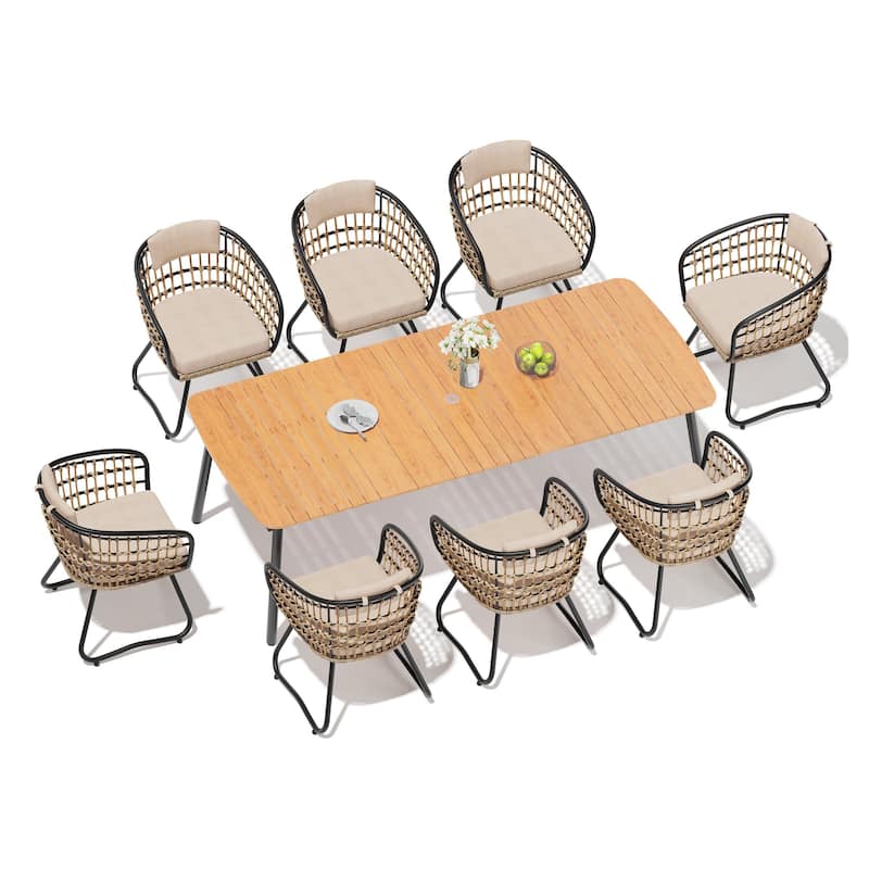 7/9-Piece Outdoor Dining Set Patio Aluminum Dining Table with Umbrella Hole and Rattan Chairs