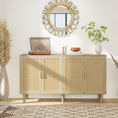 Natural Rattan Sideboard with Double-Tier Cabinets and Pine Legs Storage Console for Living Room Hallway