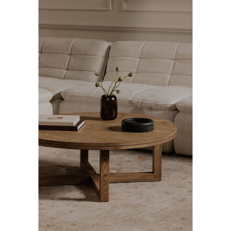 NADAAL STUDIOS Arlisse Coffee Table, Round Top, Solid Oak, Dual‑Layer Top with V‑Groove Iron Crisscross Base, Dark Brown