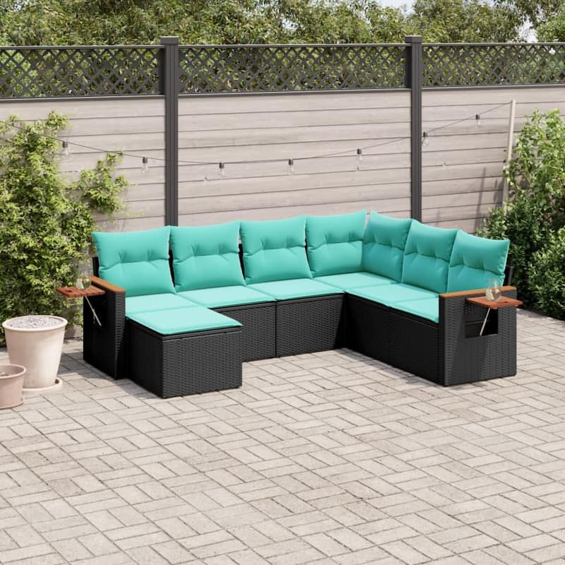 vidaXL 7 Piece Patio Sofa Set with Cushions Black Poly Rattan - 21.7x27.2x24.4-Without table