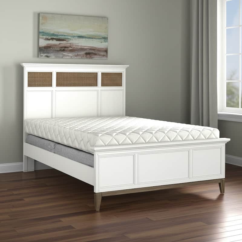 HomeRoots White and Brown Inlaid Panels Solid Wood Queen Bed Frame - Queen