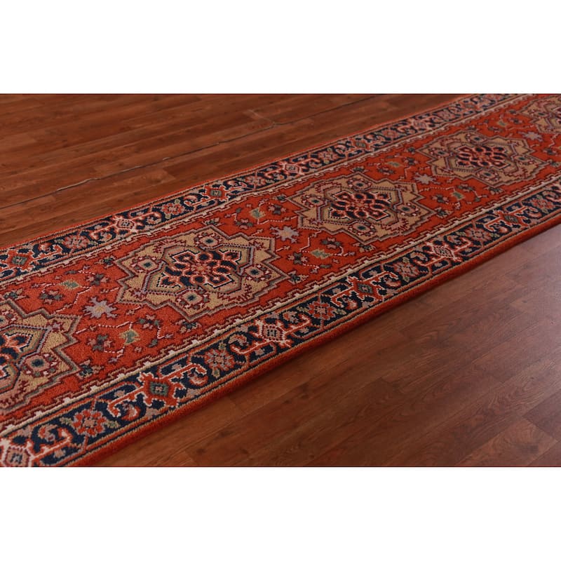 Hand Knotted Oriental 100% Wool Carpet Traditional Geometric Oranges & Rust Heriz (serapi) Runner Rug - 11' 8'' X 2' 6''