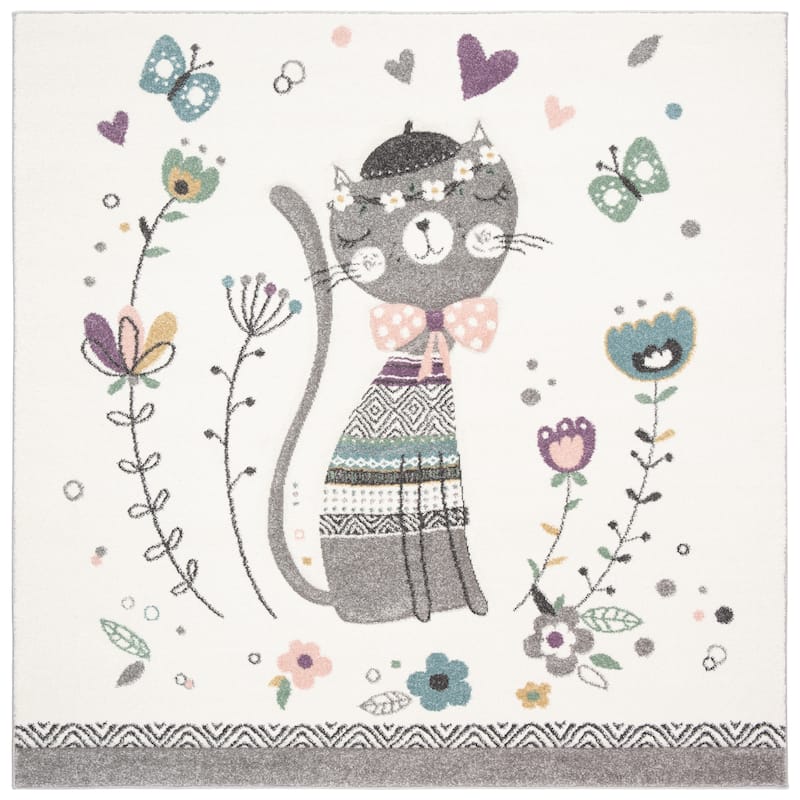 SAFAVIEH Carousel Kids Donika Parisian Cat Rug - 3' x 3' Square - Ivory/Pink