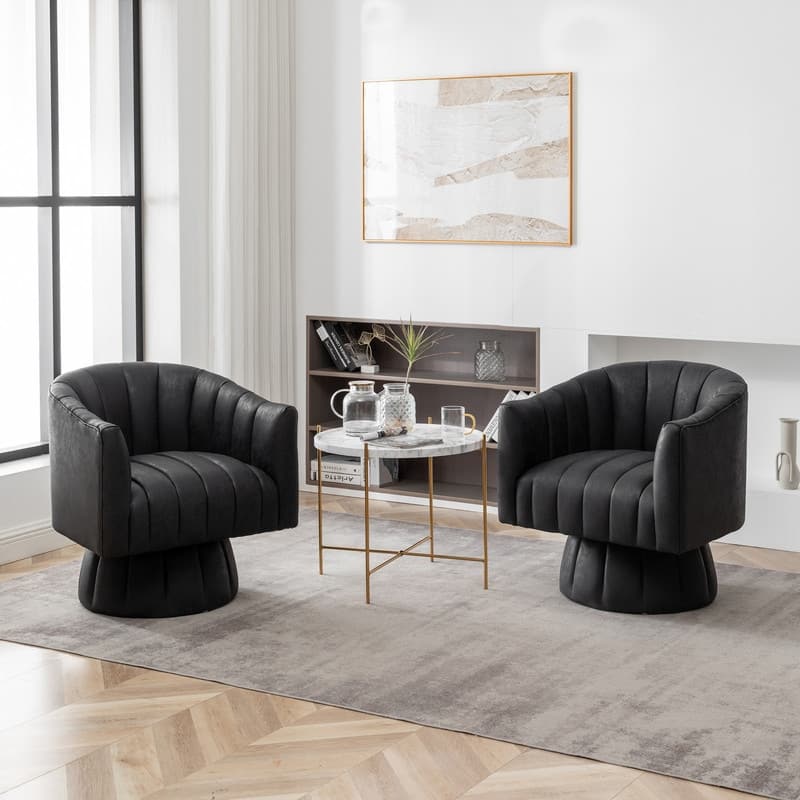 SEYNAR Mid-Century Swivel PU Leather Tufted Round Accent Barrel Chair set of 2 - Black