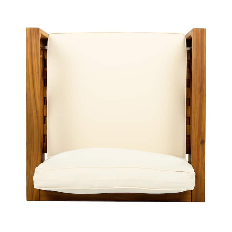 Outdoor Acacia Wood Club Wooden Armchair with Cushions ， Conversation Set,Teak Finish,Beige Cushion set of 2