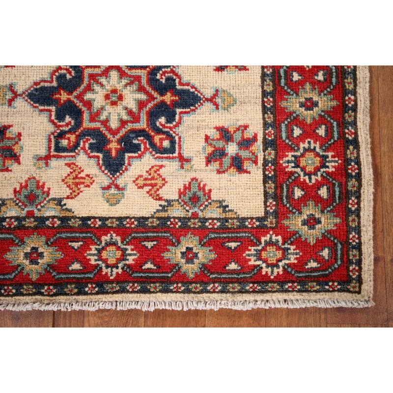 Geometric Kazak Runner Rug Hand-Knotted Beige Wool Carpet - 2'3" x 5'11"
