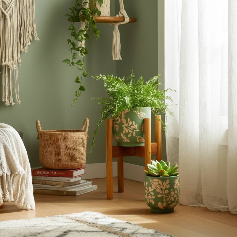 Ceramic Planter with Hand Painted Leaves Design - Set of 2, 6", 8" - 8.0" - Green