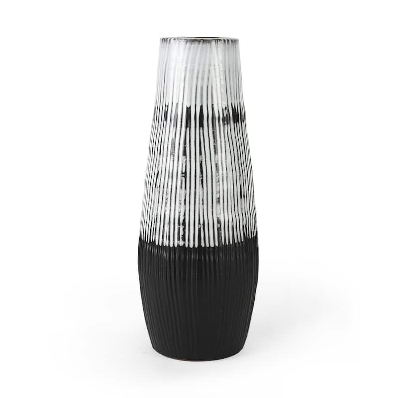 HomeRoots 19" Black Gray And White Abstract Cylinder Ceramic Table Vase