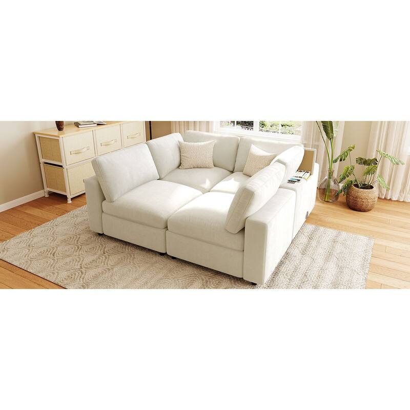 Roomfitters 133.5" Upholstered Modular Sectional Sofa with Storage Space and Built-in USB Charging for Living Room, Beige