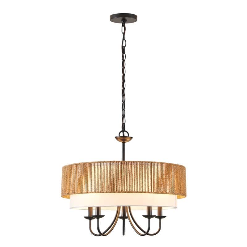 KAWOTI Adjustable Height Pendant Light with Rattan Shade - 5-Light