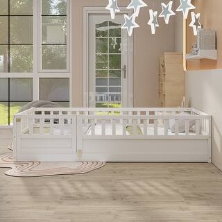 White Twin Size Pine Wood Floor Bed with Full-length Guardrail