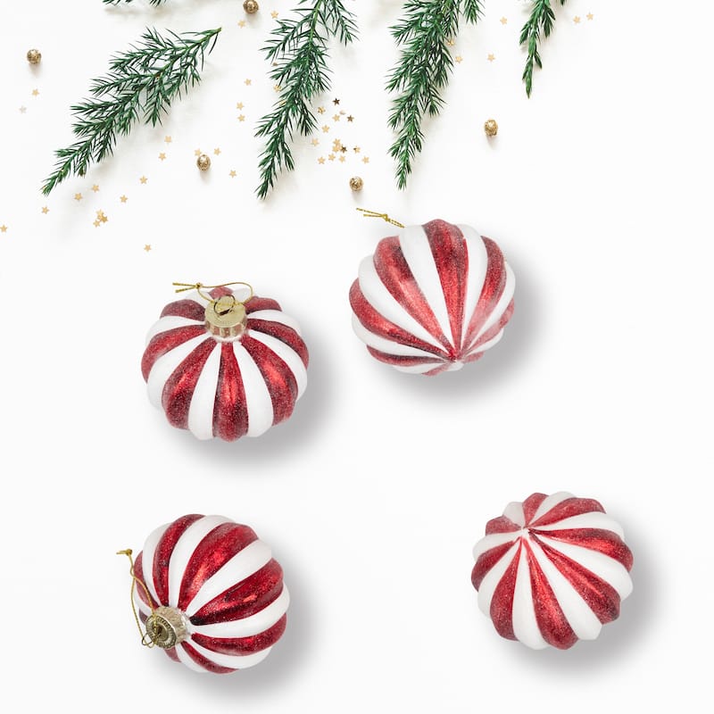 4Ct Red White Glittered Candy Cane Onion Glass Christmas Ornaments 3"