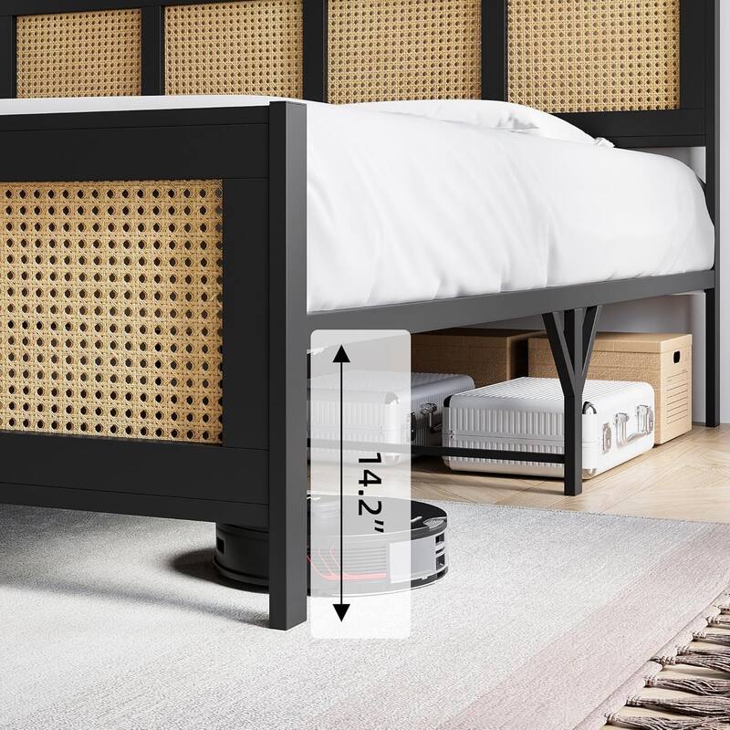 Rattan Bed Frame with Headboard, Black Bohemian Cane Platform Bed Frame