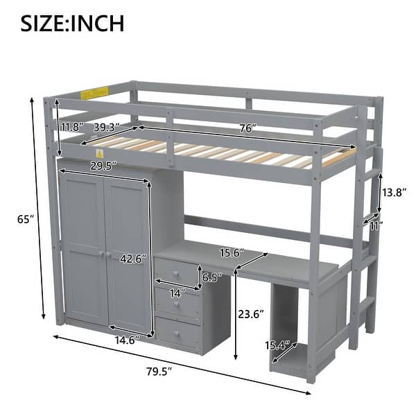 dimension image slide 0 of 2, Kid Friendly Twin Size Loft Bed with Wardrobe, Desk & Storage Drawers