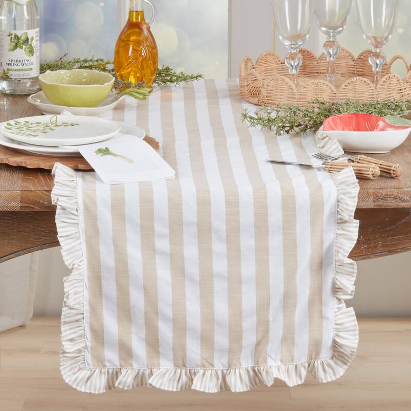 Striped Ruffle Edge Table Runner - Decorative Non-Reversible Cotton Blend Table Runner for Dining Table, 16"x72"
