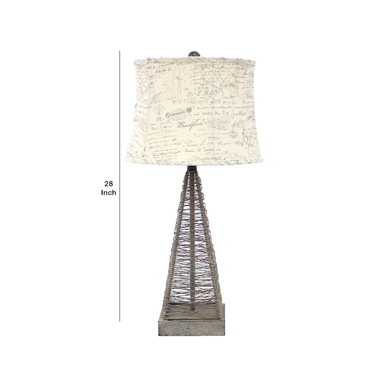 Metal Pyramid Base Table Lamp Set of 2 with Wire Design and Scripted Shade, Gray