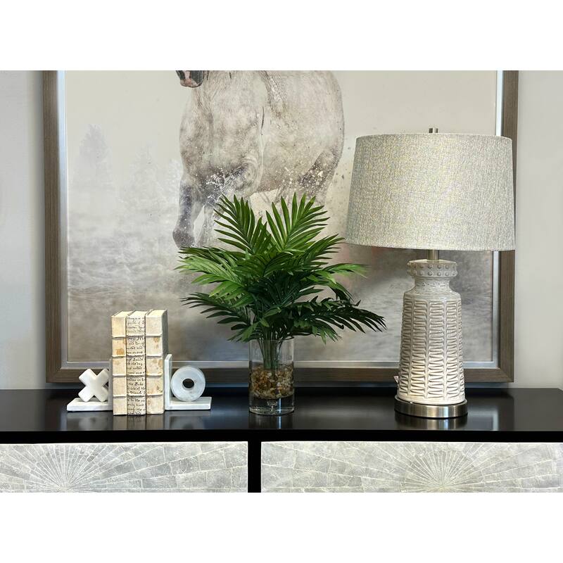 Organic Modern Palms Arrangement in Glass Bubble Vase with Rocks - Green