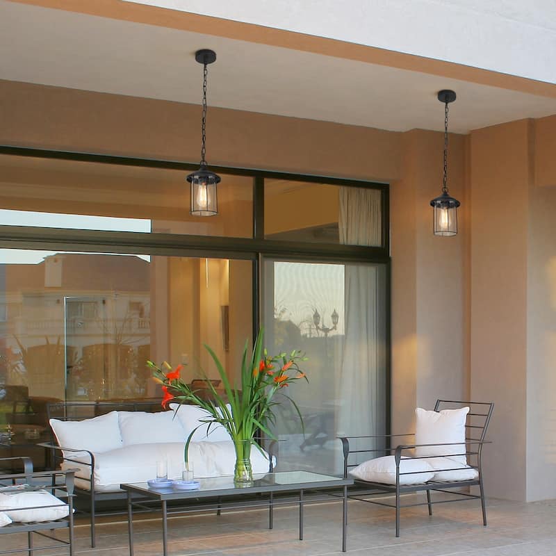 Modern Farmhouse Outdoor Patio Pendants Black Seeded Glass Shade Ceiling Light - Textured Black - D 6.5"x H 10.5"