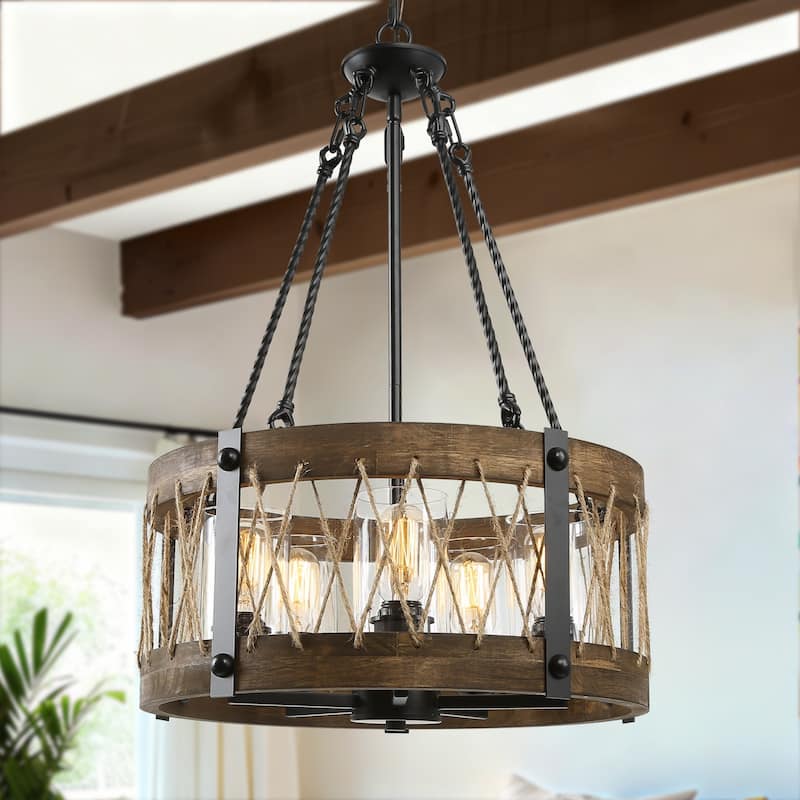 Farmhouse Rustic 5-Light Drum Wood Chandelier for Dining Living Room - D19"x H 27"