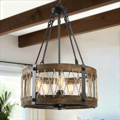 Farmhouse Rustic 5-Light Drum Wood Chandelier for Dining Living Room - D19"x H 27"