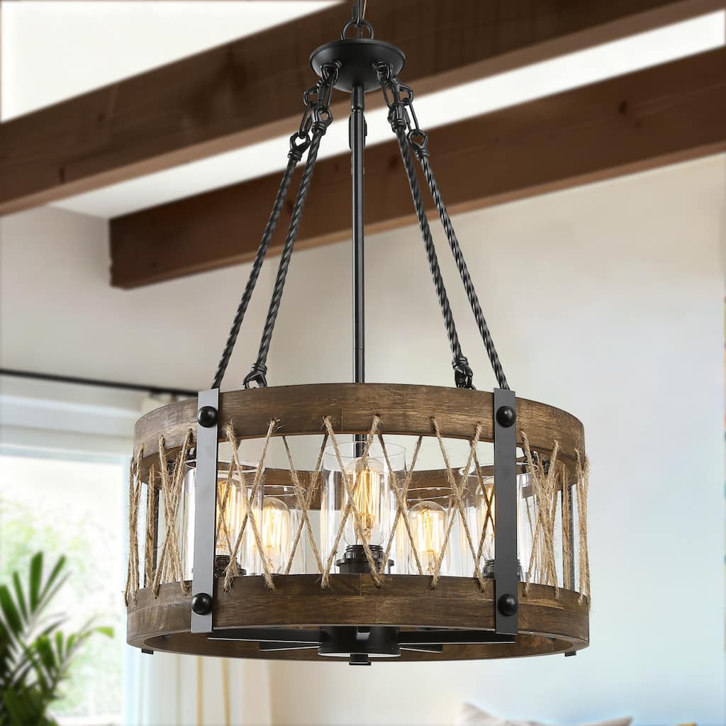 Farmhouse Rustic 5-Light Drum Wood Chandelier for Dining Living Room - D19"x H 27"