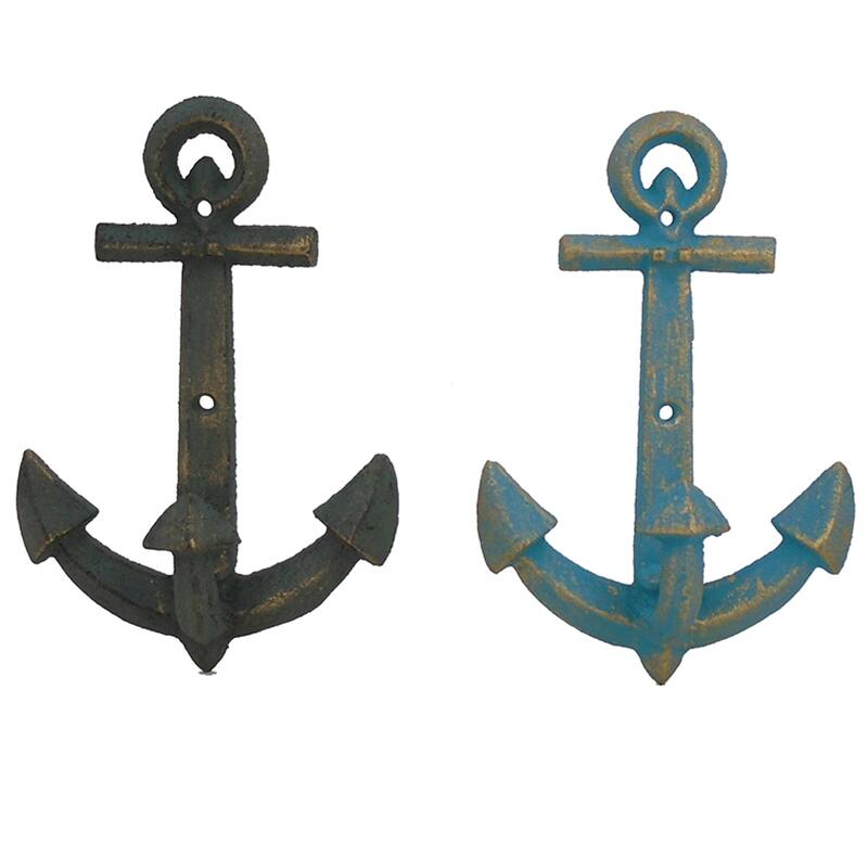 Anchor Wall Hooks Set of 2 Painted Cast Iron 7.5 Inches - Multi
