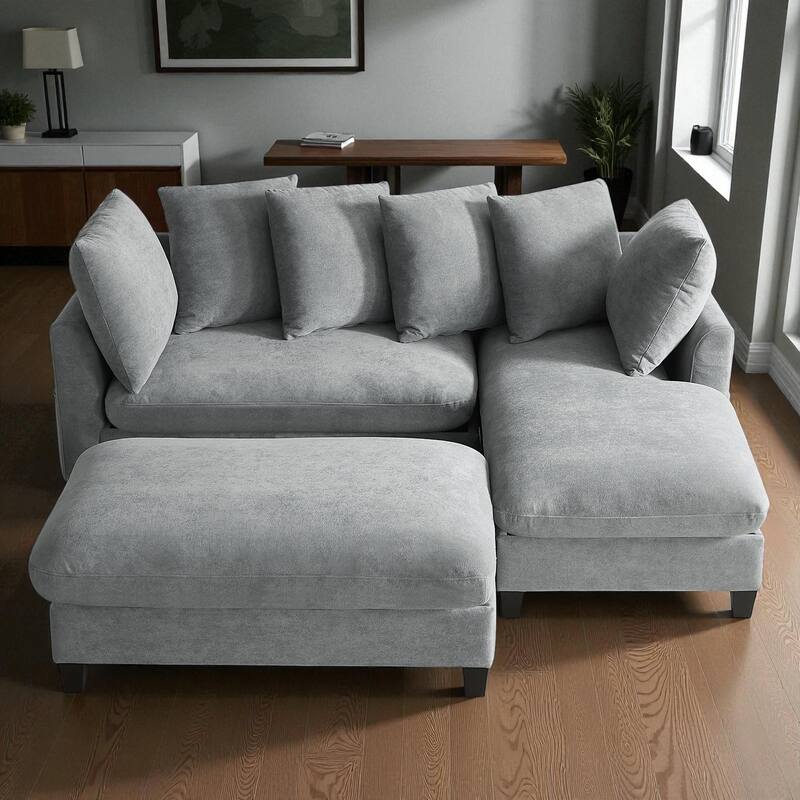 83" L-Shaped Sectional Sofa with Storage Seats Movable Ottoman Curved Armrests Chenille Couch with 6 Pillows