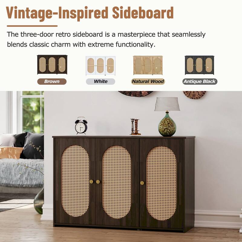 Retro 3-Door Sideboard - Large Storage with Rattan Doors and Metal Handles