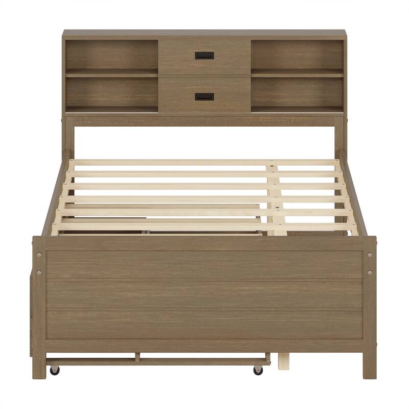 Full/Twin Size Captain Bed with Storage Bookcase Headboard,Captain bed with Trundle and Three Storage Drawer