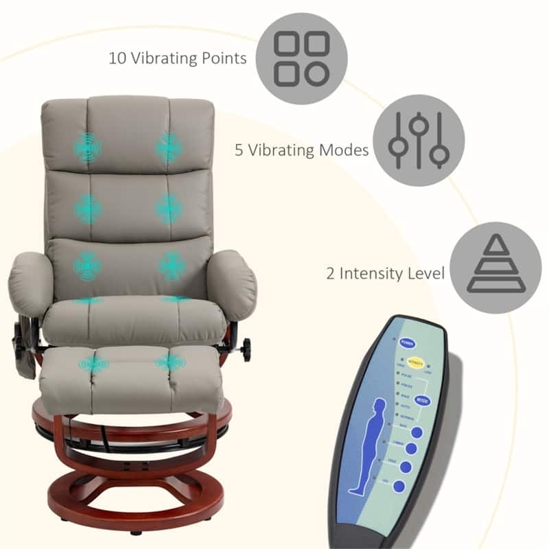 PU Leather Massage Recliner Chair Including Ottoman with Swivel Base and Adjustable Vibration - 28.75" W x 33" D x 40.25" H